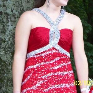 Red & silver sequined gown.